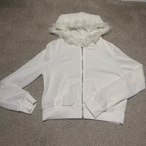 White Faux Fur Trim Hooded Zip Jacket